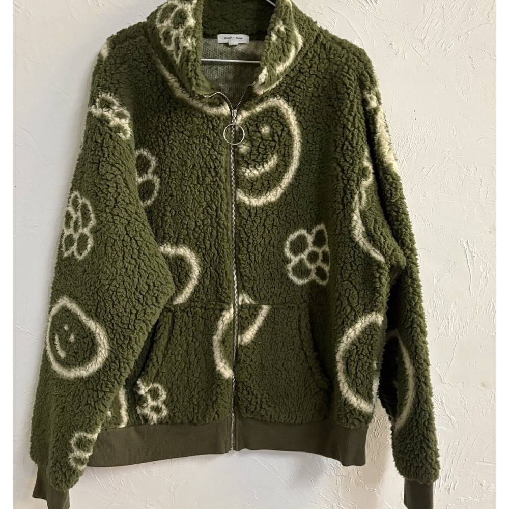 stitch & pine Women's Green Full Zip Jacket w/ Pockets Smiley Print Size XL